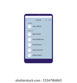 Mobile phone screen with friends contact list app - flat isolated smartphone with names and surnames of people. Vector illustration on white background.