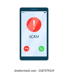 Mobile Phone Screen With Incoming Call From Scammers. Scam Alert Notification. Cybercrime Concept. Vector Illustration In Flat Cartoon Style.