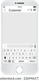 Mobile phone screen with keyboard with white and green screen for design and editing.