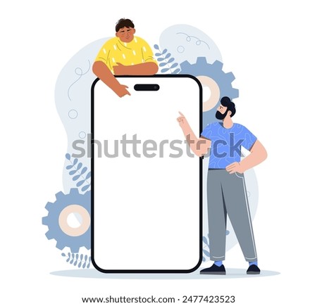 Mobile phone screen. Man and boy near display of mobile phone. Template and layout for UI and UX design elements. Device with copy space. Cartoon flat vector illustration isolated on white background