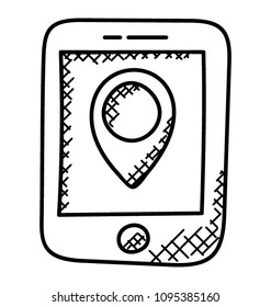 
Mobile phone screen with map pointer, mobile gps 
