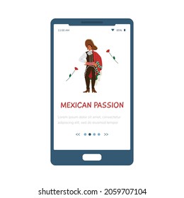 Mobile phone screen with mexican mustache man in sombrero and traditional national costume. Male mexico dancer or musician. Flat cartoon vector illustration.