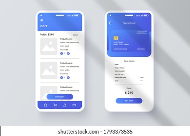 Mobile phone screen mock-up for application interface presentation. User interface design template. Online payment GUI concept isolated on grey background with shadow overlay effect. Vector eps 10.