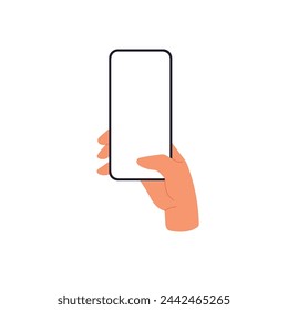 Maqueta de pantalla de teléfono móvil en la mano. Pulgar dedo haciendo clic en la pantalla del smartphone. Ilustración vectorial plana aislada en blanco.