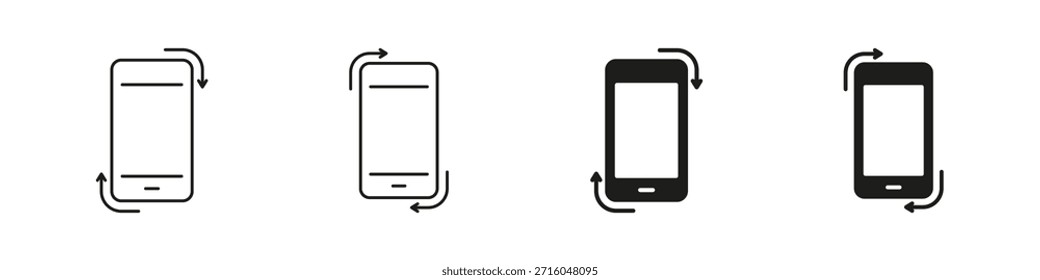 Mobile Phone Screen Movement Line and Solid Icon Set. Device Orientation Change With Arrows Showing Flip, Tilt and Rotation Concept Symbol Collection. Isolated Vector Illustration.