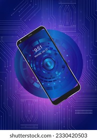 mobile phone screen on blue circuit board background, banner or poster design.