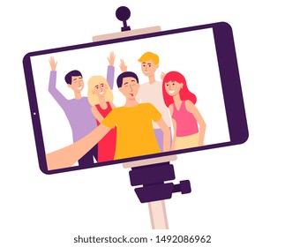 Mobile phone screen on a selfie stick with a photo of smiling people, flat cartoon vector illustration isolated on white background. Communication and lifestyle concept.