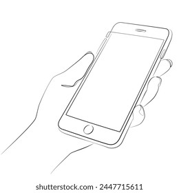 Handy Bildschirm eine Zeile Zeichnung. Hand halten Telefon Vektorgrafik grafische Illustration. Smartphone-Design-Konzept. Telefon Einzelleitung ziehen.