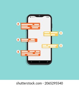 Mobile phone screen with online messages. Sms messages and Speech bubbles. Messenger conversation.