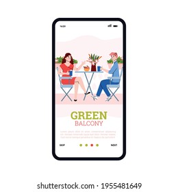 Mobile phone screen with people resting on green balcony among flowers and plant