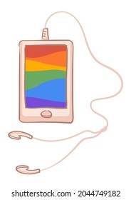 Mobile phone with screen picture of rainbow and headphones for listening music. Isolated smartphone device with positive wallpaper, bohemian or hippie picture and design. Vector in flat style
