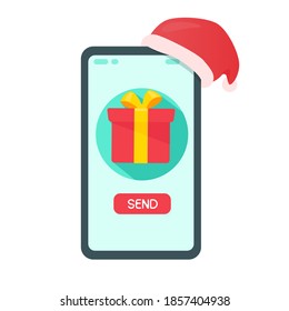 Handy-Bildschirm, um die Taste drücken, um Geschenke an Freunde zu Weihnachten.
