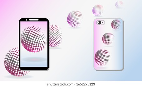 Mobile phone screen and protective case with bright pattern. Abstract pattern of flying spheres, gradient background. Vector template for mobile phone screensaver design. Mocap for phone surfaces.