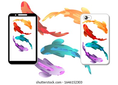 Mobile phone screen and protective cover with bright pattern. Set of koi fish multicolored. Vector pattern for mobile phone screensaver design. An example of an illustration.