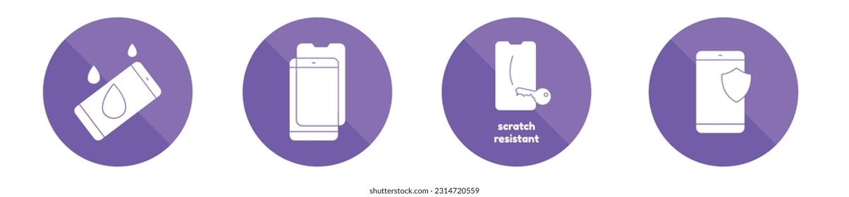 Mobile phone screen protector modern circular icon set, anti scratch glass concept, smartphone gadgets icons, phone safety emblems, technology safety symbols isolated on white background