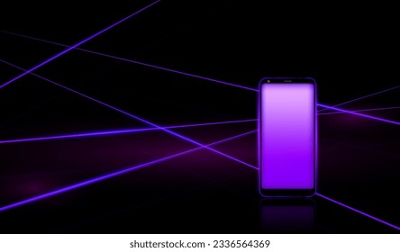 mobile phone screen with purple laser effect and reflection on glass