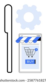 Mobile phone screen with shopping cart and buy button, next to a gear icon and a side view of a pen. Ideal for shopping, e-commerce, technology, online transactions, and digital marketing. Simple