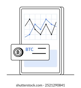 Tela do telefone celular mostrando o gráfico de mercado Bitcoin (BTC) com tendências. Ideal para negociação de criptomoedas, análise de mercado, tecnologia financeira, aplicativos móveis, monitoramento de dados em tempo real. Simples, limpo
