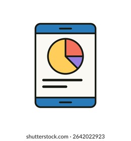 Mobile phone screen showing colorful pie chart in flat design for data visualization concept