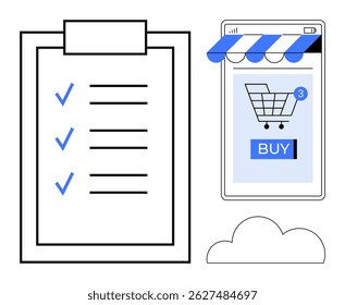 A mobile phone screen shows an online shopping cart with a buy button below three checkmark symbols on a checklist and a cloud icon. Ideal for e-commerce, online shopping, task management, digital