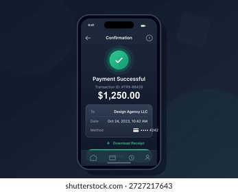 La pantalla de un teléfono móvil muestra una confirmación de pago para una transacción. La cantidad es de $1,250.00, con fecha del 24 de octubre de 2023. La pantalla indica que el pago se realizó correctamente.