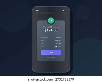 A mobile phone screen shows a payment success message. The screen displays the amount, date, reference number, and payment method, allowing users to get a receipt.