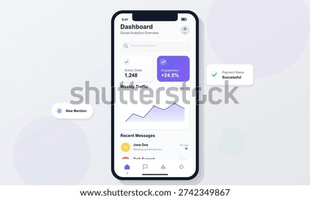 A mobile phone screen shows a social analytics dashboard featuring a line graph, engagement statistics, and recent messages. Floating icons indicate new mentions and payment status.