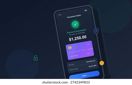A mobile phone screen shows a successful digital payment confirmation for a large amount. The interface includes a green checkmark, a virtual credit card, and transaction details.