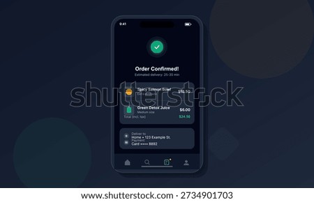 A mobile phone screen shows a successful food order confirmation with a list of items including a salmon bowl and juice. The dark theme UI includes delivery and payment details.