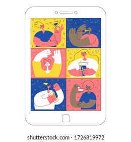 Mobile Phone Screen With Six People Making Online Party Through Video Call Flat Vector Illustration.