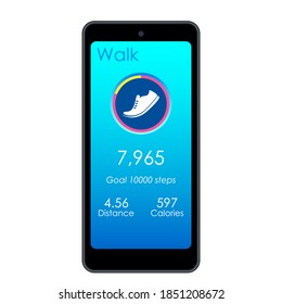 Mobile Phone Screen With Step And Running Counter Fitness App Interface. User Activity Panel On A Smartphone. Vector Illustration Isolated On White Background