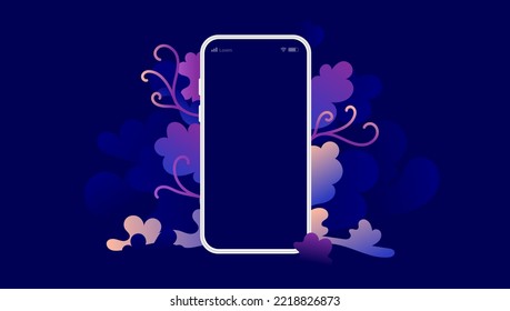 Mobile phone screen template - Decorative vector illustration of smartphone with blank screen and floral beautiful background. Colourful flat design with gradient colours