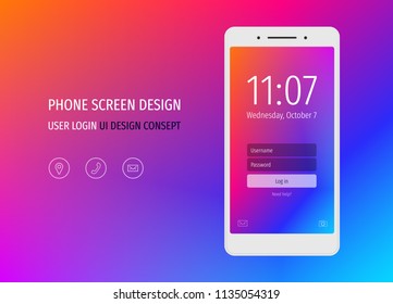 Diseño de interfaz de usuario de pantalla de teléfono móvil con diseño abstracto de degradado morado azul e iconos planos vectoriales. Interfaz de aplicación de inicio de sesión con ventana de formulario de inicio de sesión.  Limpiar conjunto de iconos de web plano con fotogramas. 