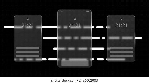 Mobile phone screen ui set isolated on black background. Vector realistic illustration of glass morphism vertical display mockups with clock and lock icon, blurred mobile application design template