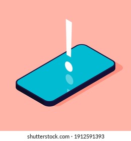 Mobile phone screen with a warning about spam, secure connection, fraud, virus. Phone alarm notice and new message. Isometrics smartphone with speech bubble and exclamation point icon. Vector.