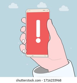 Pantalla de teléfono móvil con una advertencia. Las caídas de alineación, como un virus, software anticuado, vulnerabilidad u otro peligro, atraen la atención del usuario.
