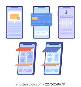 Mobile phone screens with applications flat concept vector spot illustration bundle. Editable 2D cartoon icons on white for web design. Creative ideas pack for website, mobile. Quicksand font used