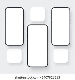 Mobile Phone Screens With Blank App Icons For Application Designs Showcase. Vector Illustration