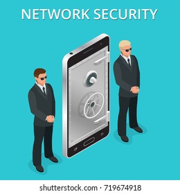 Mobile phone security, cellphone personal access via finger, user authorization, login, protection technology Vector isometric illustration.