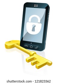 A mobile phone security concept. Mobile phone with gold key and padlock lock icon on the screen