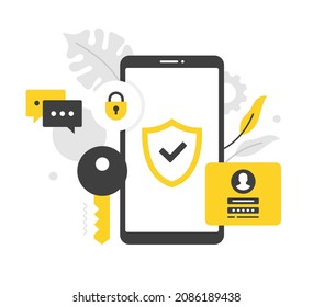 Mobile phone security. Flat vector illustration. Smartphone with shield and check mark on screen. Cell phone security, antivirus, data protection, private access, password. Modern concept. Flat design