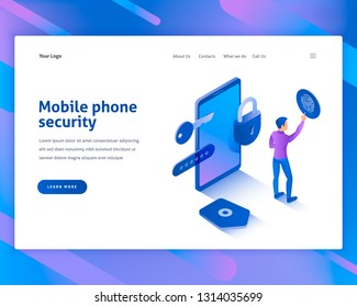 Mobile phone security isometric landing page template. People interacting with mobile phone scanning fingerprints. Modern web page design with colorful gradient background.