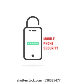 mobile phone security like login. concept of defense imprint, secret, ui, gadget communication, call, global computer software. flat style trend modern logotype graphic art design on white background