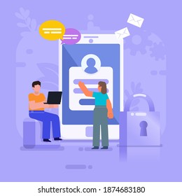 Seguridad del teléfono móvil, privacidad. Grupo de personas se paran cerca de un gran smartphone y cerran con llave. Ilustración vectorial moderna
