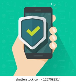 Mobile phone security protection vector illustration, flat cartoon smartphone protected with shield sign, cellphone protection or guard secure technology concept