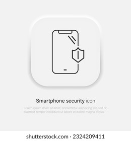 Mobile phone security protection vector icon, line outline art smartphone protected with shield sign. Vector EPS 10