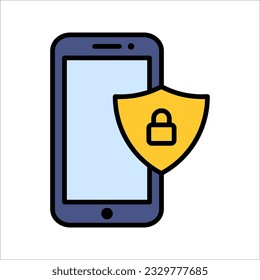 Mobile phone security protection vector icon, line outline art smartphone protected with shield sign, vector illustration on white background