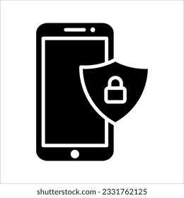Mobile phone security protection vector icon, line outline art smartphone protected with shield sign, vector illustration on white background