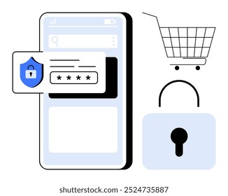 Telefone celular com escudo de segurança e senha, carrinho de compras e cadeado. Ideal para segurança móvel, compras online, proteção por senha, privacidade de dados e segurança cibernética. Estilo moderno simples