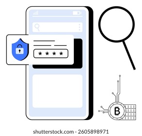 Mobile phone with a security shield showing password input, a magnifying glass symbol, and a digital Bitcoin icon. Ideal for cybersecurity, cryptocurrency, digital wallets, mobile security